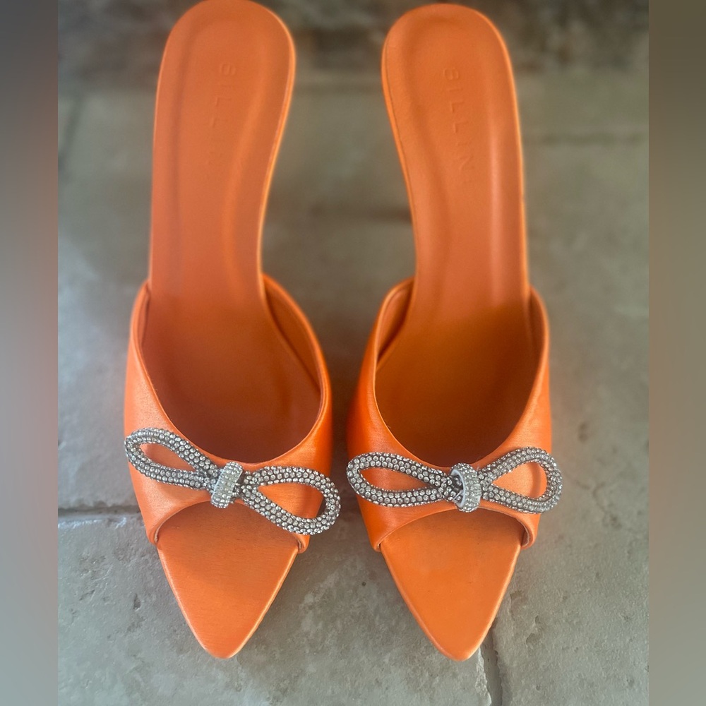 Billion Satin Tangerine Bling Bow Mules Shoes